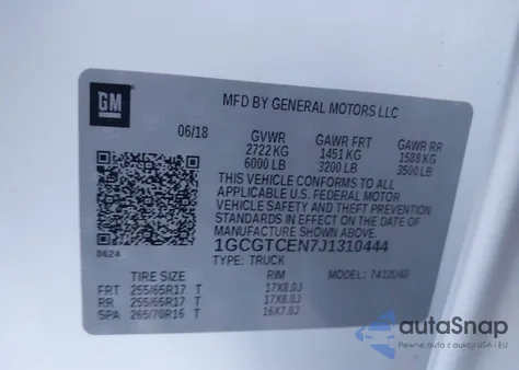 2018 Chevrolet Colorado Lt из США, поврежденный, VIN 1GCGTCEN7J1310444